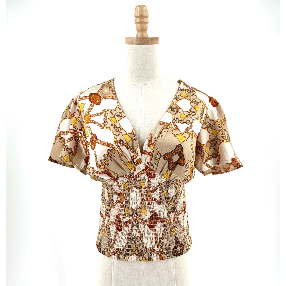 Guess‎ Y2K 90s Satin Smocked Babydoll Top Small Preppy Satin Chain Print Glam